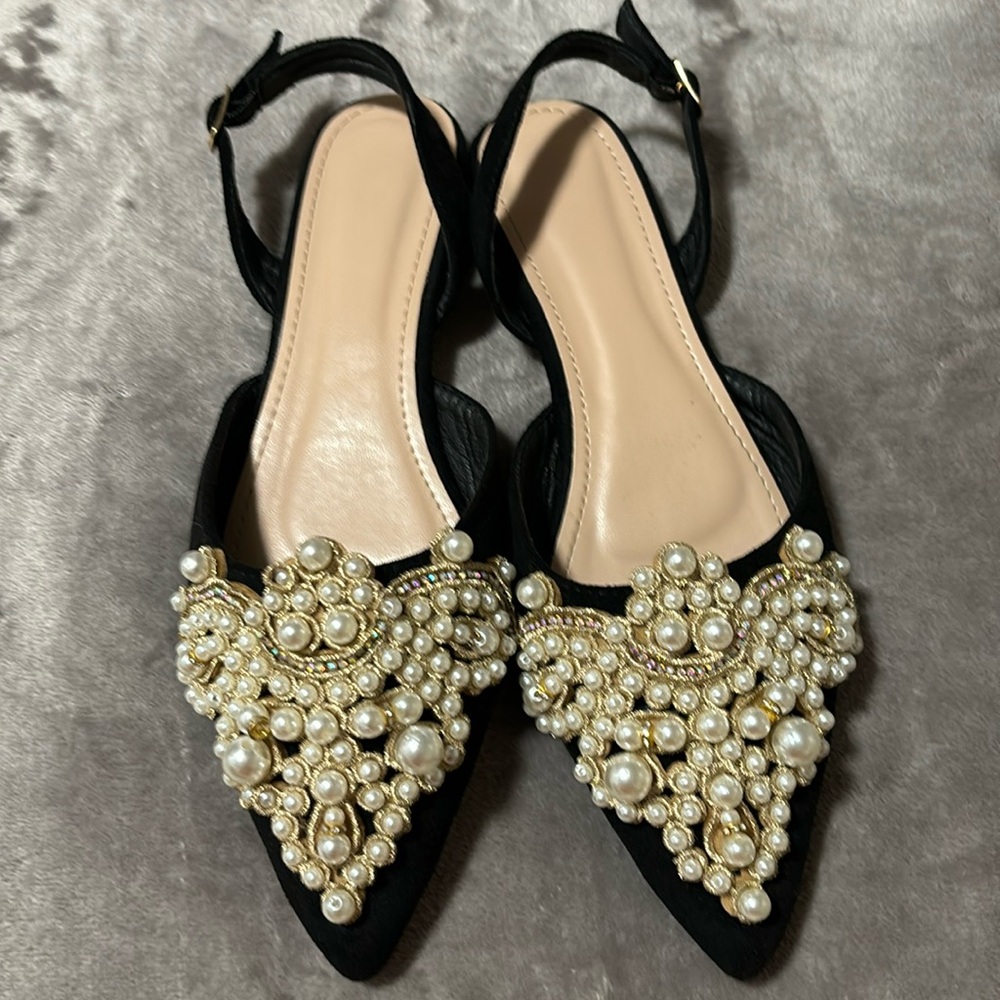 Women Rhinestone & Faux Pearl Decor, Glamorous Black Flats